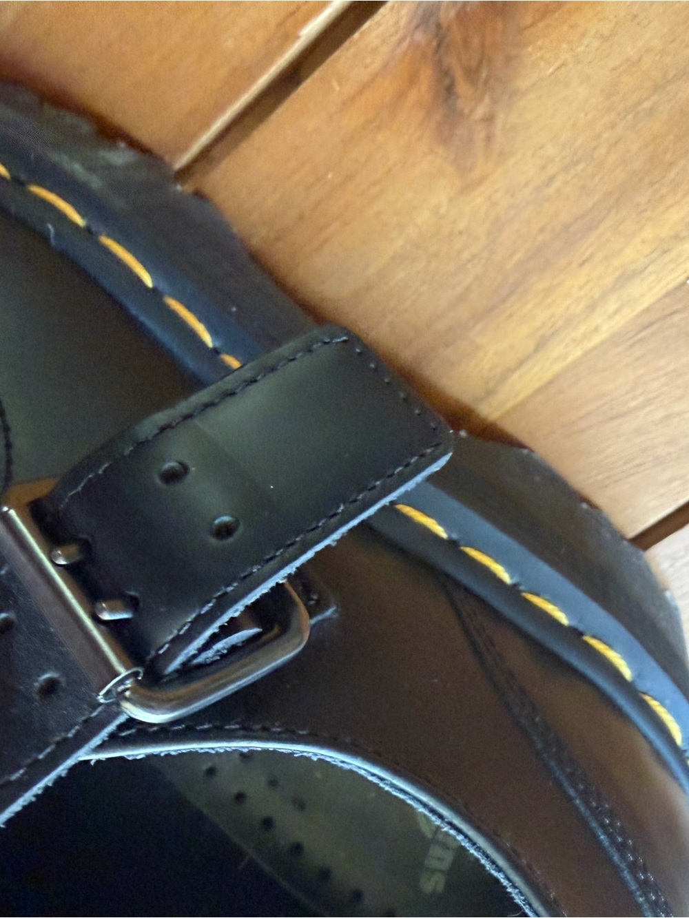 Like New Dr. Martens Black T-Strap Mary Jane Shoes with Yellow Stitching - Picture 4 of 7